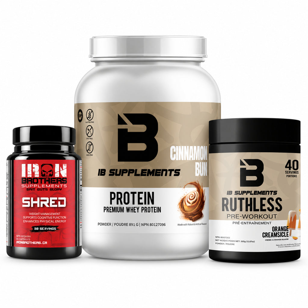 Fat Loss Stack: Shred capsule bottle, Whey Protein large white tub, Ruthless Pre-Workout black lid tub. All 3 bundle components shown.