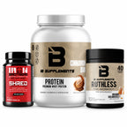 Fat Loss Stack: Shred capsule bottle, Whey Protein large white tub, Ruthless Pre-Workout black lid tub. All 3 bundle components shown.