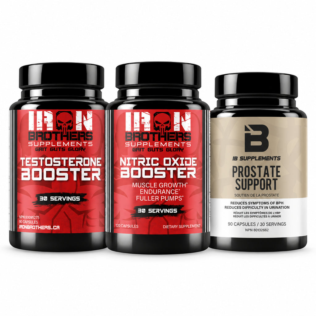 Gentlemen's Stack: Testosterone Booster red bottle, Nitric Oxide Booster red bottle, Prostate Support gold bottle. All 3 bundle components shown.