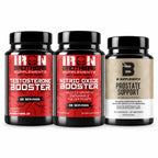 Gentlemen's Stack: Testosterone Booster red bottle, Nitric Oxide Booster red bottle, Prostate Support gold bottle. All 3 bundle components shown.