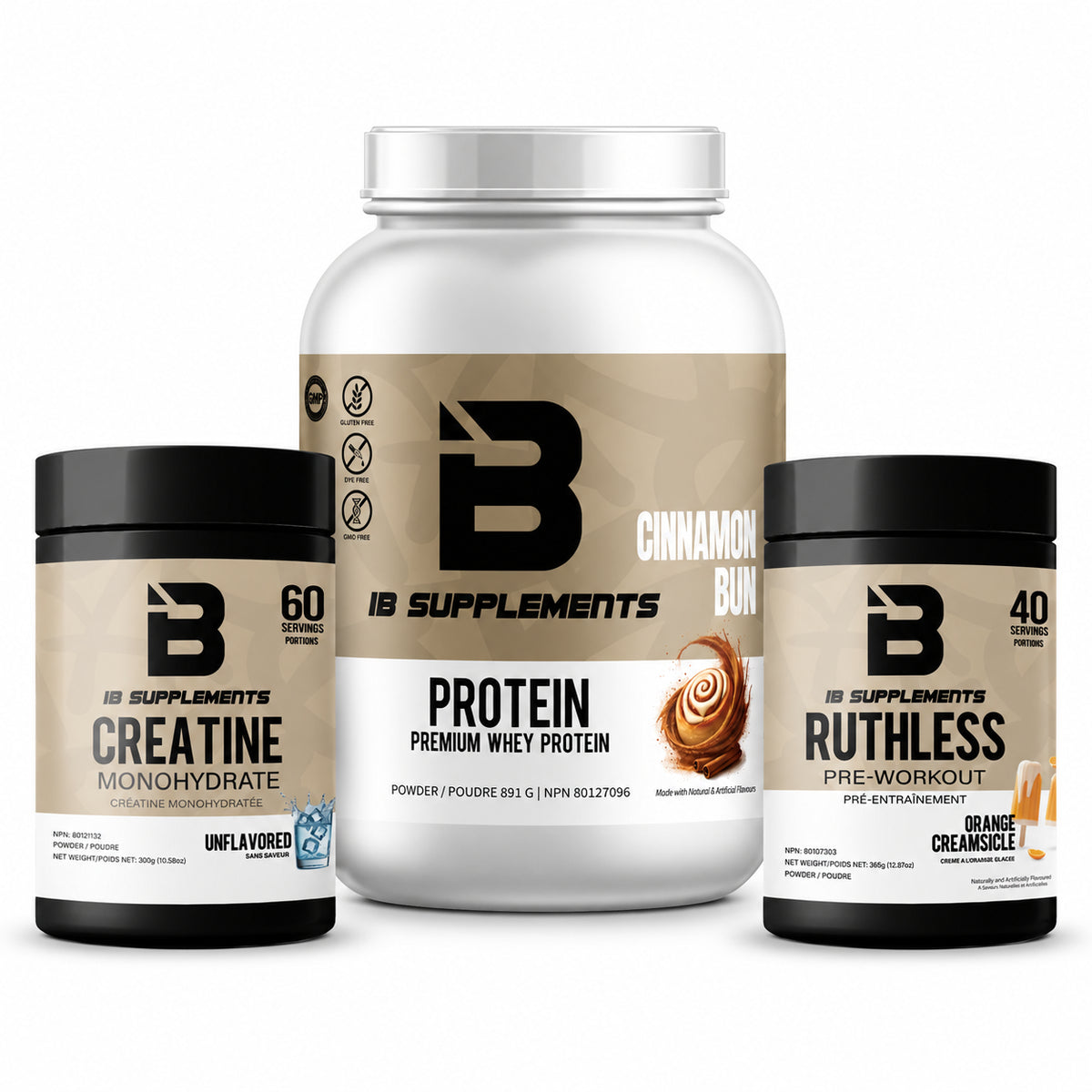 Muscle Building Stack: Creatine Monohydrate tub, Ruthless Pre-Workout tub, Whey Protein larger white tub. All 3 bundle components shown.