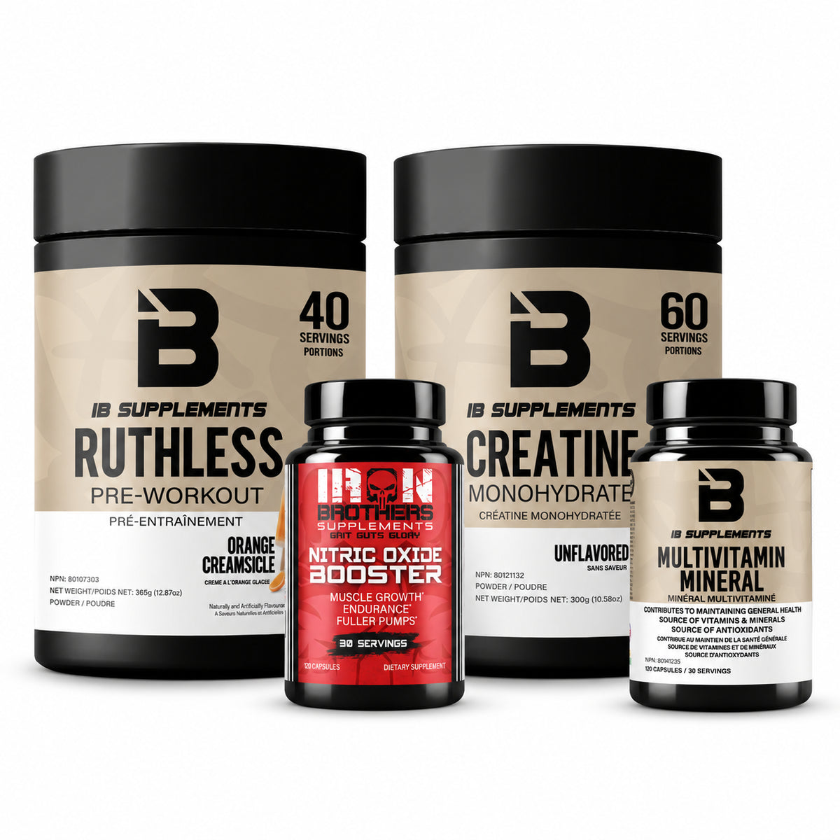 Performance Stack: Ruthless Pre-Workout tub, Creatine tub, Nitric Oxide Booster bottle, Multivitamin Mineral bottle. All 4 bundle components shown.