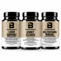 Personal Health Stack: Liver Support bottle, Kidney Cleanse bottle, Multivitamin Mineral bottle. All 3 bundle components shown.