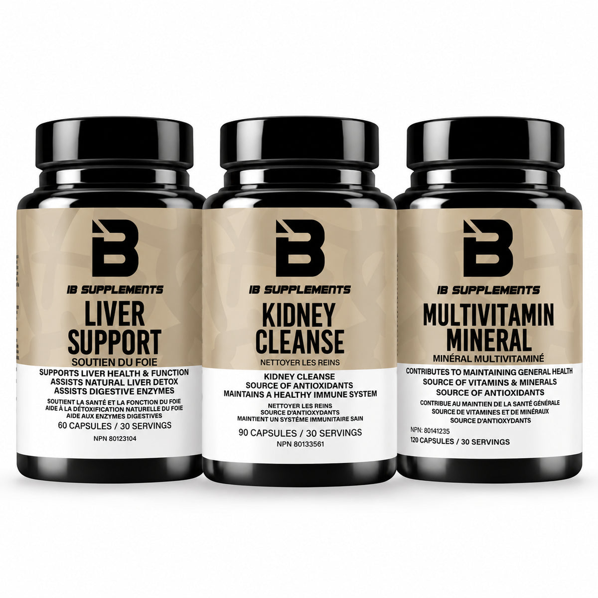 Personal Health Stack: Liver Support bottle, Kidney Cleanse bottle, Multivitamin Mineral bottle. All 3 bundle components shown.